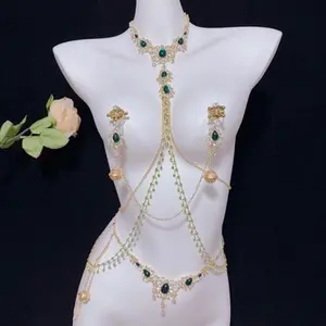 Emerald Style Rhinestone Chain Collar Integrated Body Jewelry Set