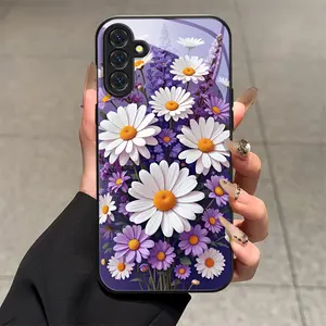 Phone Case:White Daisy Purple Flower High-End Tempered Glass Phone Case for Samsung Galaxy S26 S25 S24 S23 S22Pro S21 S20 Fe Plus Ultra Pro A56 A55 A54 A53 A52 A51 A36 A35 A34 A32 A26 A25 A24 A23 A16 A15 A14 A06 A05 A03s