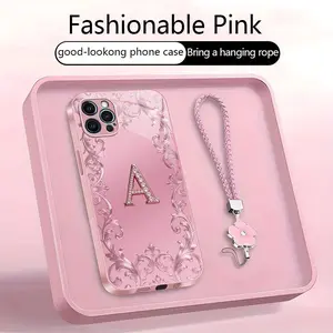 Suitable for [iPhone 12 Pro Max] high-end women's phone case🥰，free four-leaf clover lanyard included—choose any one of the 26 letters. Drop-resistant and fingerprint-proof. YM99