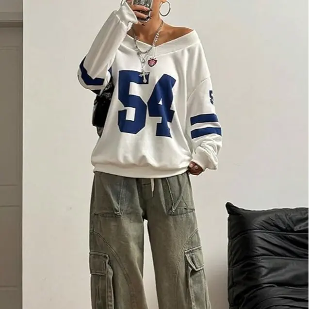 Women's Drop Shoulder Number Print Sweatshirt, Casual Sporty Football Sweatshirt, Womenswear Pullover, Graphic Sweatshirt, Sport, V neck