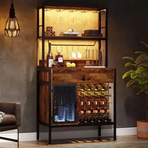 Tribesigns 64 Inches Tall Wine Bar Rack Cabinet with Storage Drawer, 32-Bottles Large Capacity Freestanding Wine Rack Wine Bar Cabinet with 6 Hooks for Home Bar, Kitchen, Wine Cellar, Rustic Brown Utensils