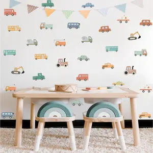 P-WPA01   Watercolor Transportation Vehicle Wall Decals,Truck Tractor Excavator Bus Vinyl Wall Stickers, Self-Adhesive Cartoon Construction Car Artwork for Boys Bedroom Playroom Decor Christmas Decoration