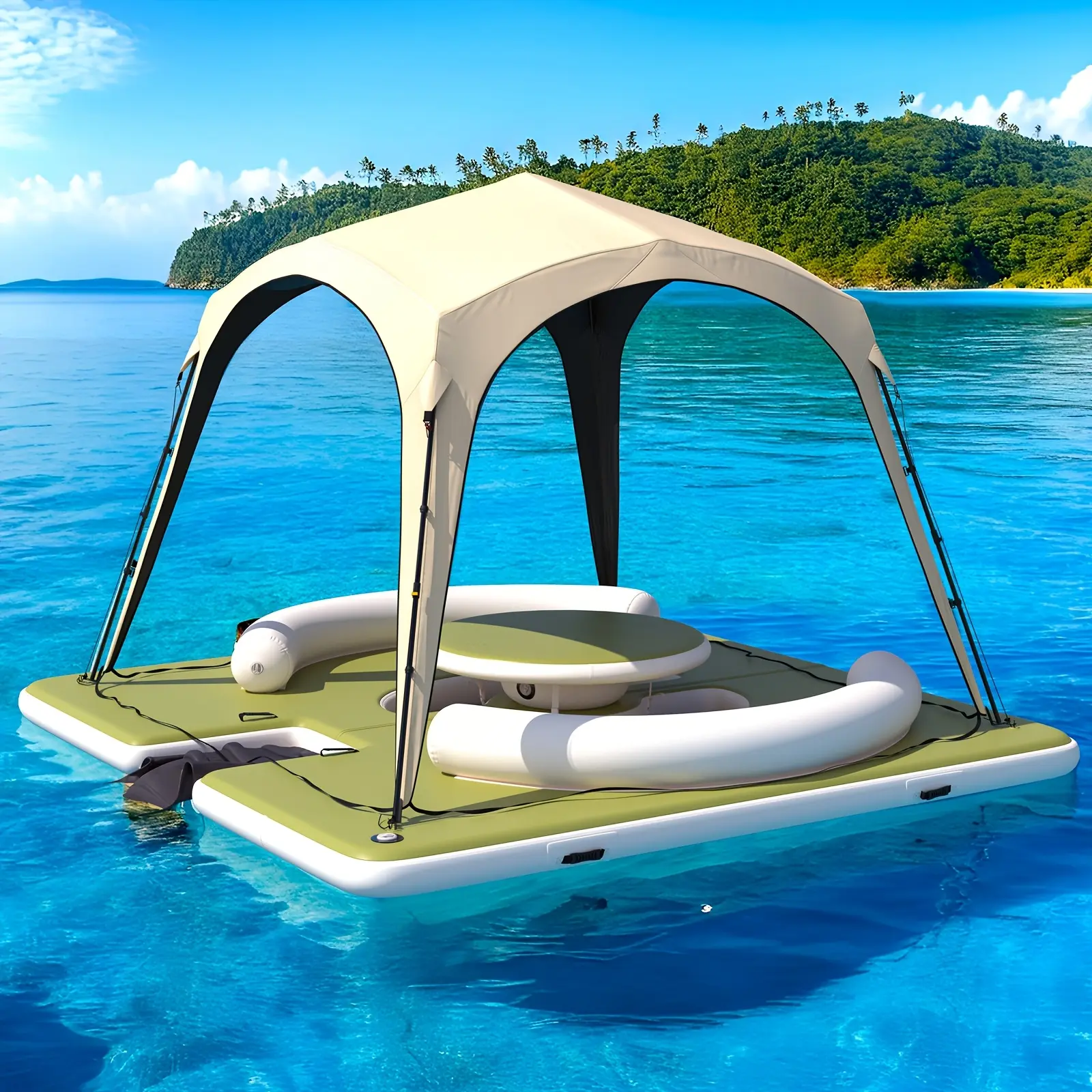 Heavy-Duty Inflatable Floating Dock with Canopy - 11.15ft X 11.15ft Water Platform Suitable for Pool, Lake, Beach, Heavy-Duty PVC Dock with Ladder, Double Seats & Table, for Party Island for Poolside, Lakeside, Beach Events