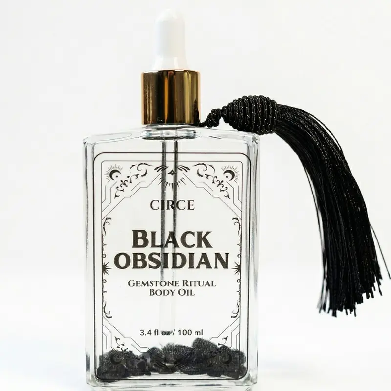 Circe Boutique Black Obsidian Crystal Shimmer Body Oil | Amber Vanilla & Sandalwood Scented Moisturizing Glow Oil for Women | Protection & Grounding Ritual Oil with Vitamins E & A | Crystal Infused Hydrating Self Care Body Oil Gift