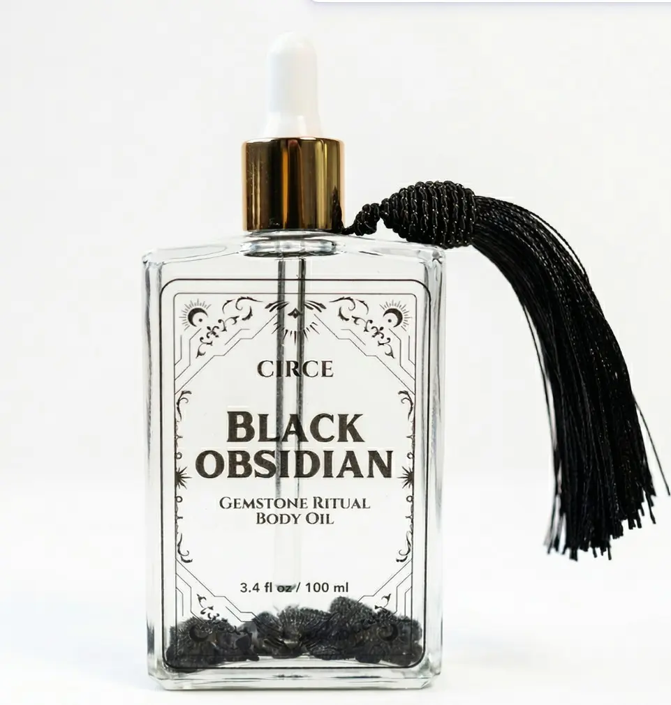 Circe Boutique Black Obsidian Crystal Body Oil | Shimmer Body Oil with Amber, Vanilla & Sandalwood | Protection & Grounding Moisturizing Oil with Vitamins E & A