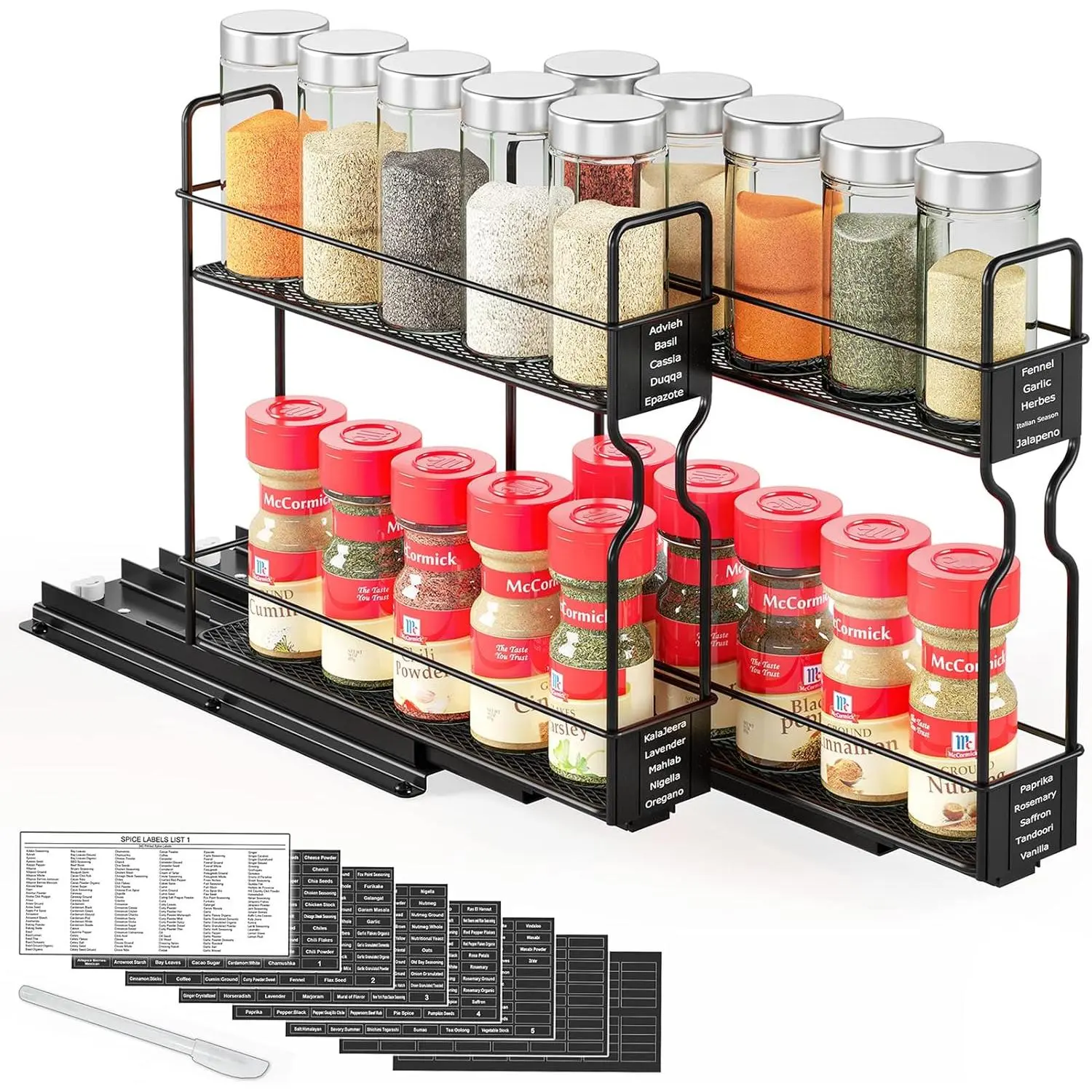 Pull-out cabinet spice rack, heavy-duty slide-out kitchen seasoning organizer, with labels, width 5.2inch x depth 10.75inch x height 10inch, 2 drawers, double-layer design