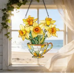 Stained Glass Daffodils in Teacup Acrylic Suncatcher – Spring Flower Window Hanging Decor