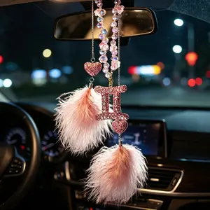 Car Rearview Mirror Charm with Rhinestone Constellation Design, Sweet Girl Style, Crystal Bead Pendant, Car Interior Decor, Zodiac Keychain, Rhinestone Car Decoration