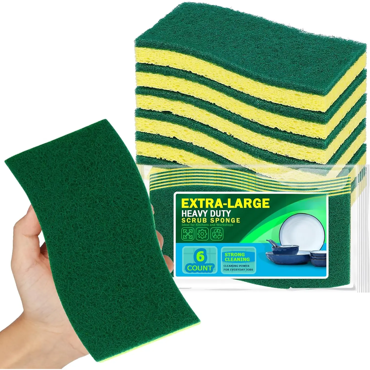 XL Heavy Duty Scrub Sponges 6Count, Sponges for Dishes,  Sponge for Cleaning Kitchen and Household, Heavy Duty Sponge Safe for Non-Coated Cookware, Cleaning Power for Bathroom, House