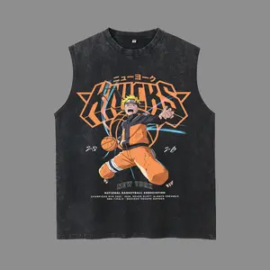 Naruto x New York Basketball Double Printed Oversize Lightweight Acid Washed Tee TV Show Graphic Top Cotton Gift T-Shirt For Comic Lover, Gift T-Shirt For Movie Lover