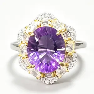 11×9mm Oval Cut Amethyst Flower Halo Ring 925 Sterling Silver Adjustable | Two-Tone Natural Amethyst CZ Statement Ring