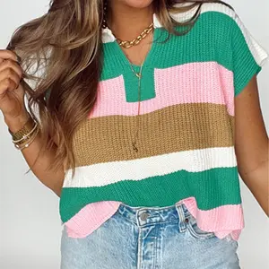 Women's Multicolour Color Block Notch V Neck Sweater T Shirt Matching Vest