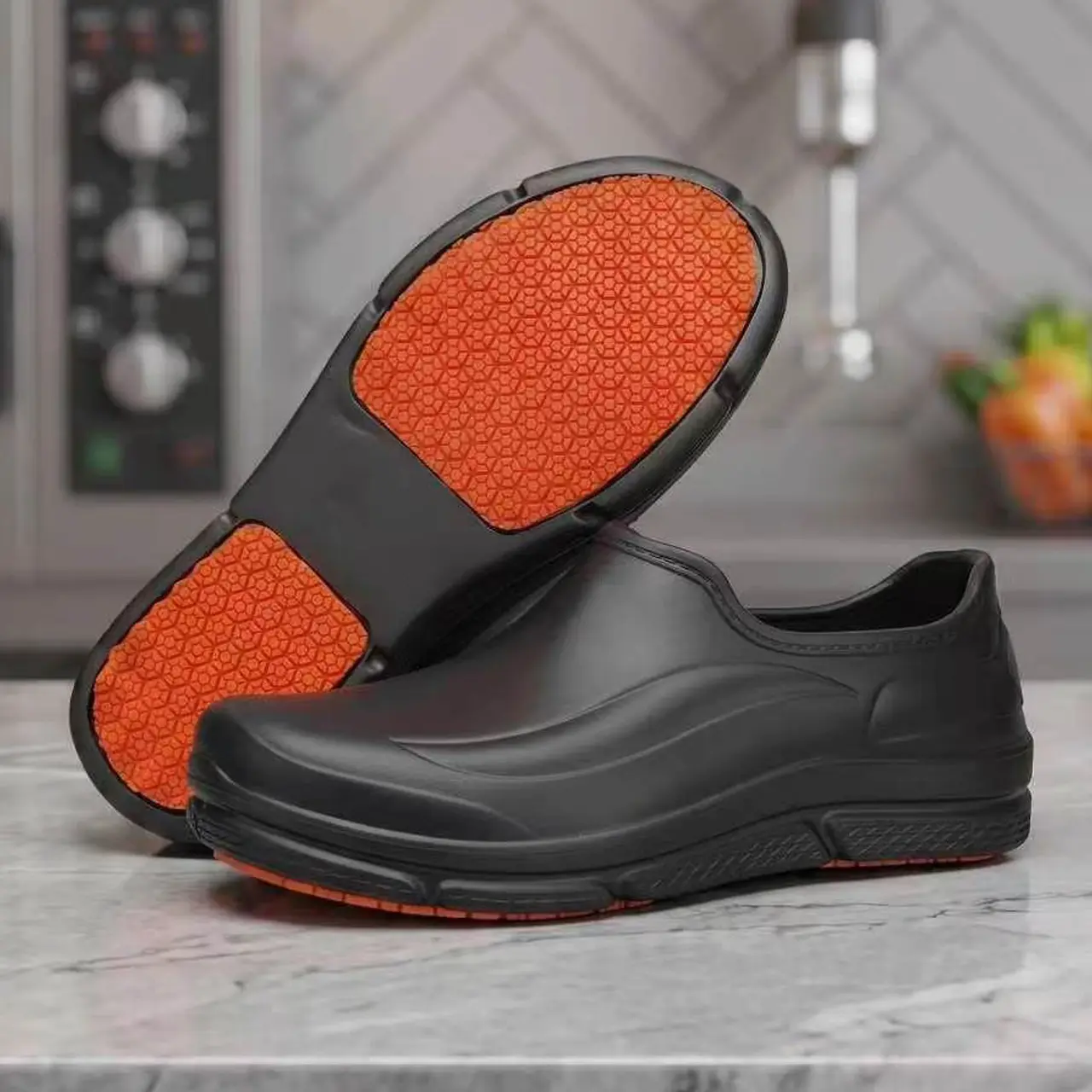 Your Go-To Work Shoes! FoamFam Professional Clogs. Slip-resistant, waterproof and all-day comfortable. Features EVA upper and red rubber outsole, great for restaurant, kitchen, hospital, garden and lab staff.