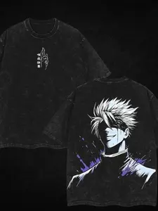 Men's retro anime pattern T-shirt - pickled cotton round neck short sleeves, extra large loose Three Kingdoms universal character print - retro Japanese manga street style, suitable for exhibitions and daily wear - cool gifts for anime fans