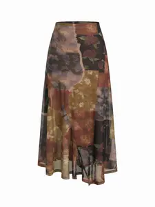 Cider Mesh Mid Rise Abstract Graphic Floral Asymmetrical Hem Maxi Skirt