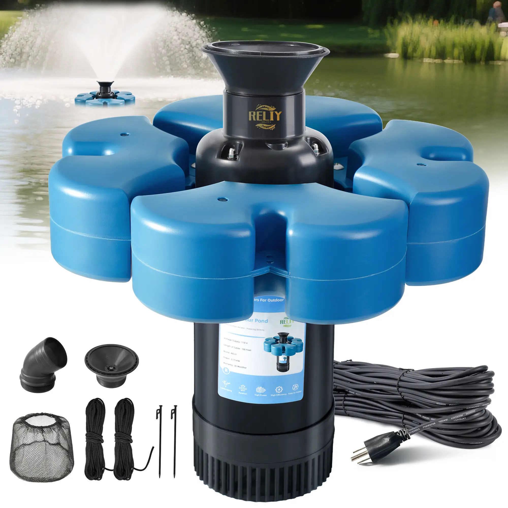 Pond Fountain Aerator, 1HP 110V 15000 GPH Fountain Pump, Fully Automatic Powerful Lake Floating Fountain, 15A/110V 100 FT Power Cord, 2x100 FT Traction Rope, Pond Fountains For Large Ponds