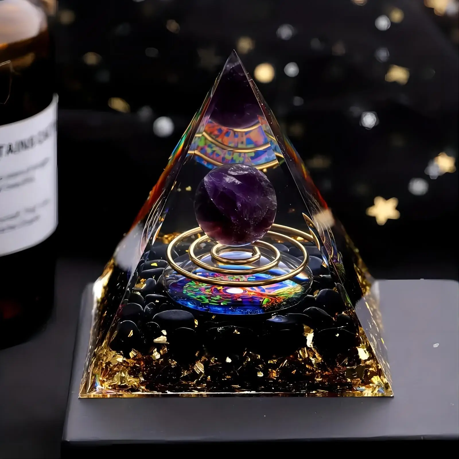 Natural Stone Amethyst Pyramid, 1 Count Inlaid Ball Decoration, DIY Home Balcony Living Room Decoration, Relieve Stress Meditation Divination, Creativ