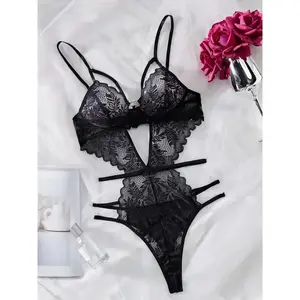 Women's Sexy Lace Floral Trim Underwire Bodysuit, Solid Color Push Up Strappy Backless Bodysuit, Women's Lingerie for All SeasonsGift