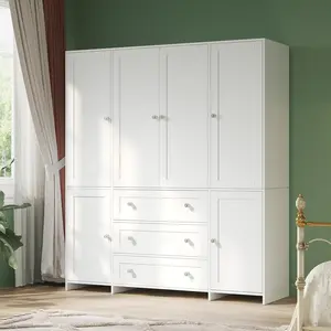 VOWNER 71" Wooden Armoire Wardrobe Closet Dresser - 6-Door Clothing Storage Cabinet with Hanging Rod, Drawers, Mirror, Large Capacity for Bedroom