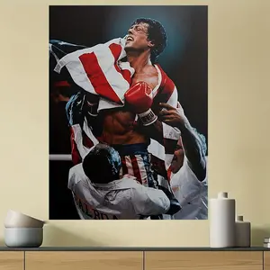 One unframed Rocky Balboa movie poster - Sylvester Stallone's iconic boxing scene art print Canvas Wall Art with a flag and the Rocky IV logo - unframed, 30*40cm, suitable for men's cave, home theater decoration
