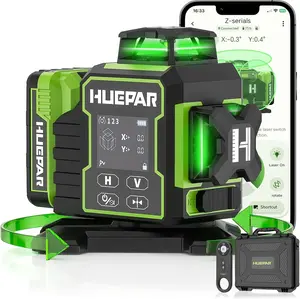 Huepar 2024 New Construction Laser Level 3x360 Self Leveling 3D 12 Lines Bluetoothed Laser Level with Electric Rotating Base Large LCD Screen 3 Planes Green Cross Lazer Leveler Tool W03CG