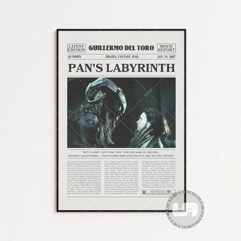 Pan's Labyrinth Poster, Guillermo del Toro, Retro Newspaper Movie Poster No Frame, Black White Wall Art, Vintage Retro Art Print