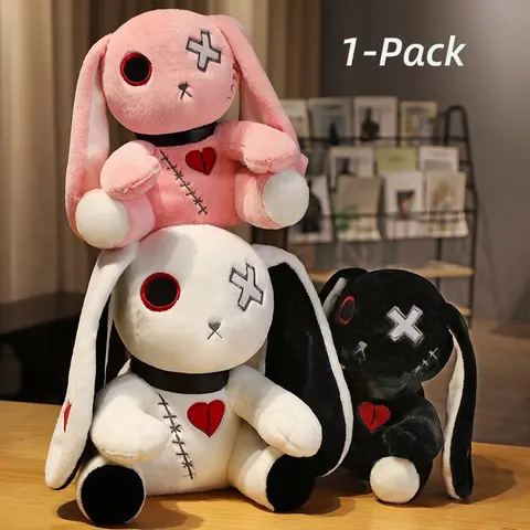 Bunny Plush Creepy Goth Rabbit Plush Crazy Rabbit Plushie Toys Cuddly Stuffed Animal Spooky Gothic Bunny Stuffed Animal Cute Horror Dreadful Bunny Doll For Halloween Easter Christmas Valentines Birthday Gift