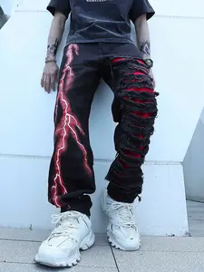 American Vintage Washed Denim Jeans Lightning Print Crinkle Dye Street Style Straight Leg Pants, Loose-Fitting, Casual Fashion, Streetwear