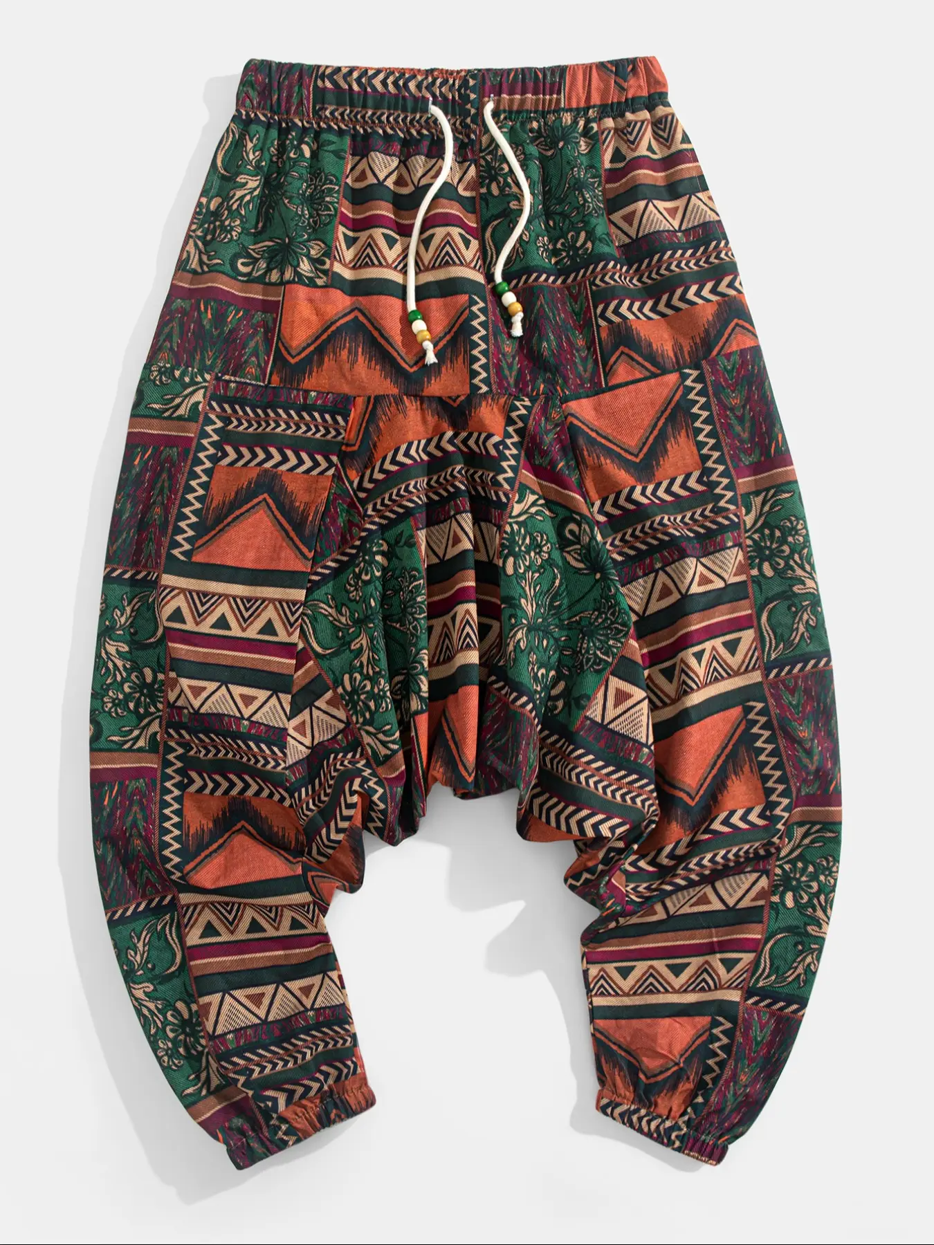 Men's Ethnic Style Woven Drawstring Hem Pants, Casual Loose Fit, Casual Sports Long Trousers for Daily Wear & Outdoor Activities, Beach Vacation, Boho Comfy Trousers, Bohemian Trousers, Casual Wear Bottoms