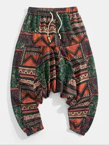 Men's Ethnic Style Woven Drawstring Hem Pants, Casual Sports Long Trousers for Daily Wear & Outdoor Activities, Beach Vacation, Boho Comfy Trousers, Bohemian Trousers