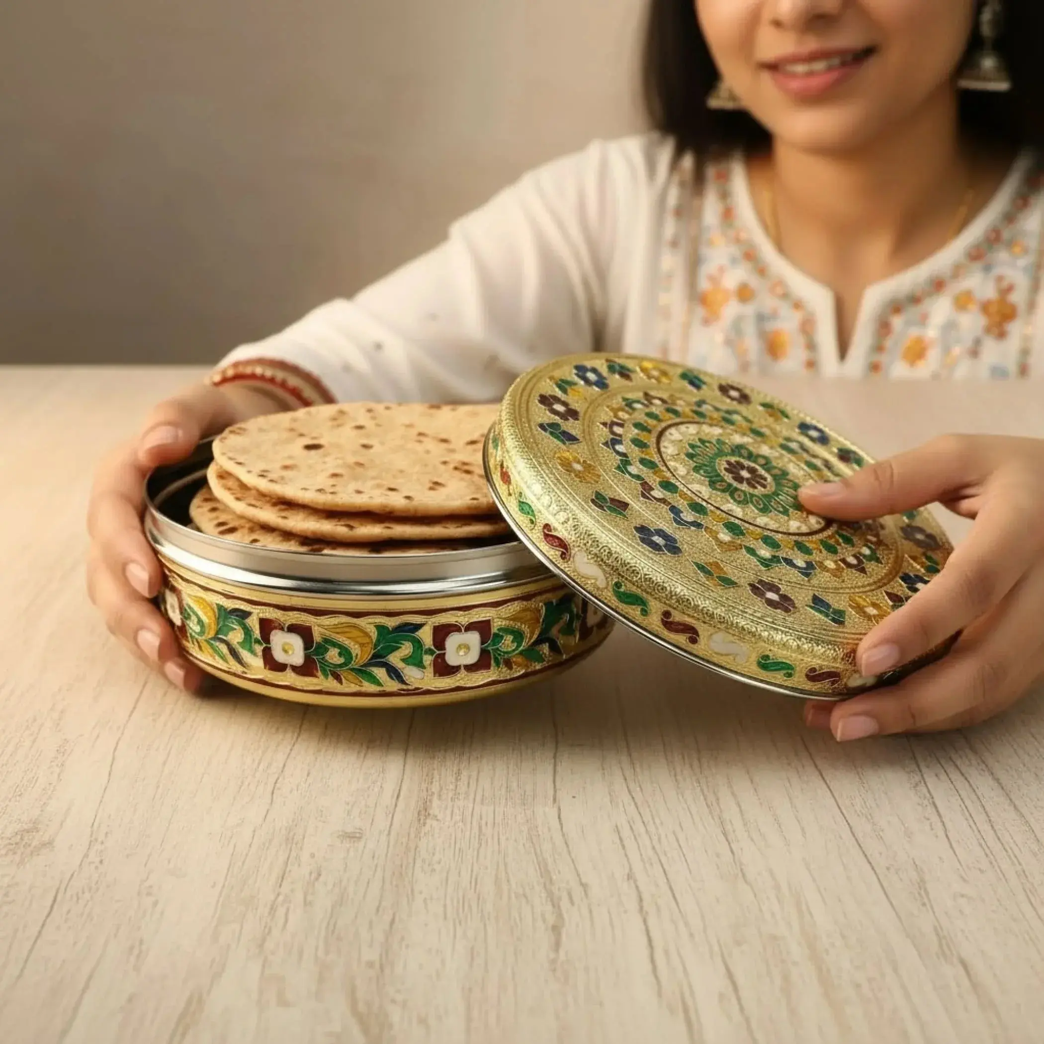 LoveNspire Elegant Meenakari Stainless Steel Roti Box - Dustproof Round Kitchen Container with Secure Lid, Spice Jar Alternative, Wedding Gift, Freshness-Preserving Home Supply, Containers