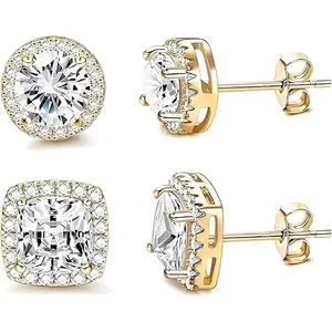 18K White  Plated Round Square Cubic Zirconia Simulated  Halo Stud Earrings 2 pairs Set