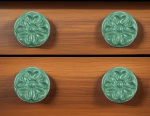 360 stand Cabinet Knobs - Set of 6 Green Embossed Floral Durable Ceramic Hand-Painted Mushroom Drawer Pull Knobs with Artisanal Design