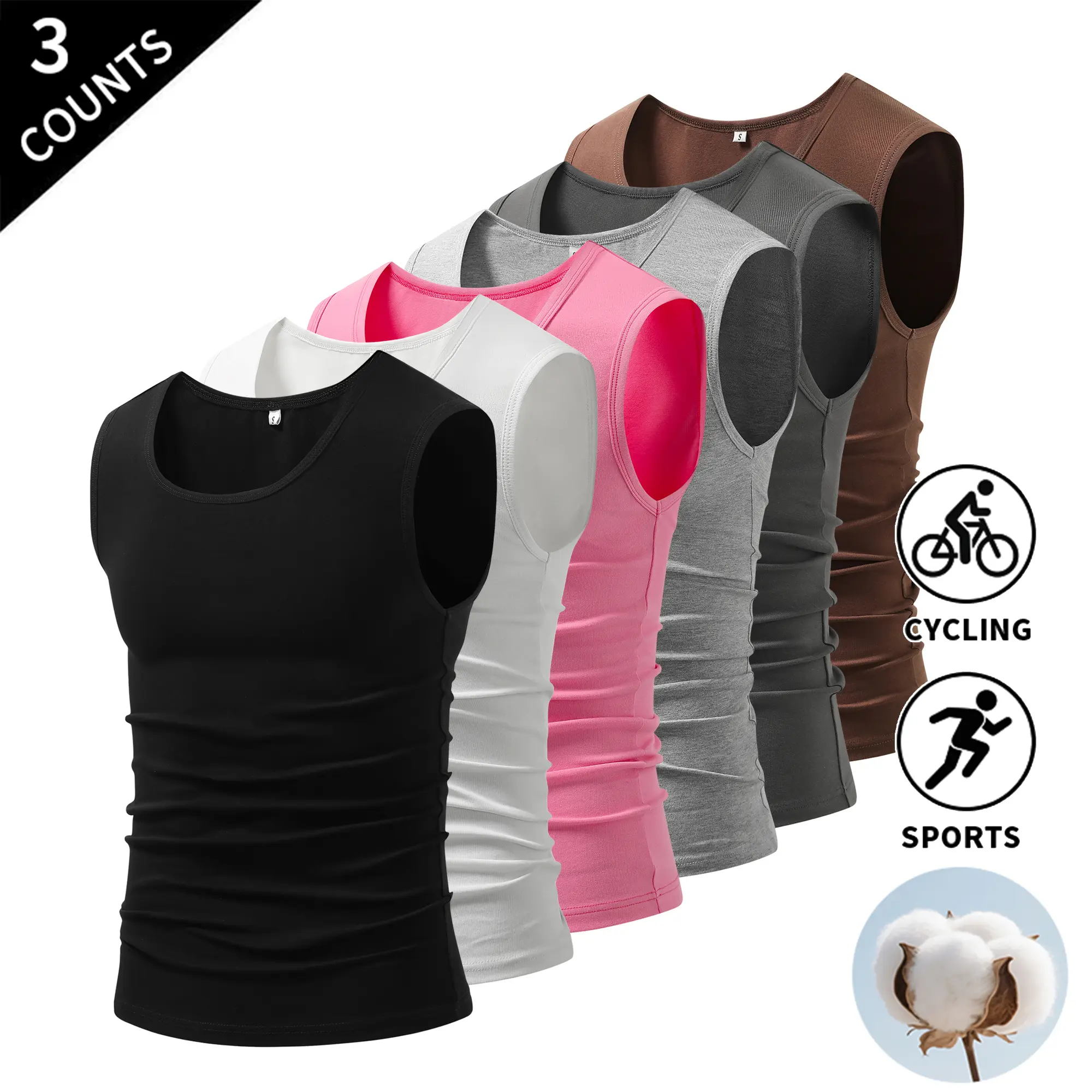3-Pack Men’s Cotton Sleeveless Crew Neck Tank Tops – Slim Fit, Breathable Athletic Undershirts Ideal for Gym Workouts, Cycling, Running, Training, and Everyday Casual Summer Layering