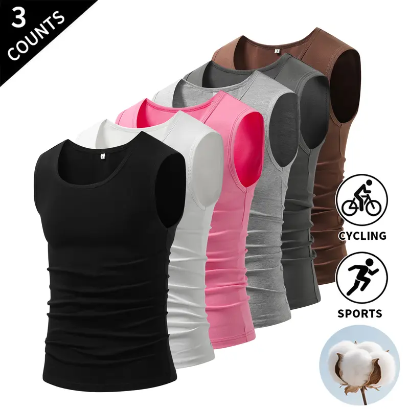 Men’s 3-Pack Solid Color Cotton Sleeveless Crew Neck Tank Tops - Slim Fit, Breathable Training Vest, Fitness Sports Tank, Male Clothing Sportswear for Gym & Casual Layering