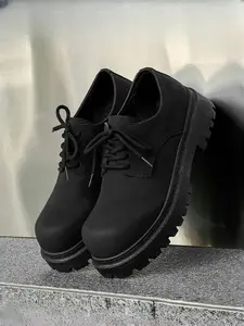 Men's All-Black Frosted Platform Big Head Derby Shoes: Matte Cowhide + Height-Increasing Anti-Slip, High-Street Trendy Work Shoes, Walking Shoes, Pu