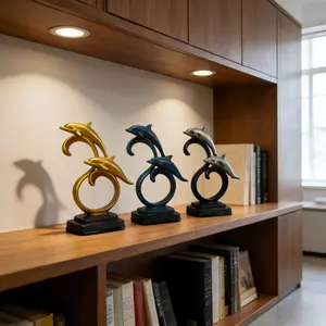 3 Colors Available, 1 Pc Per Style，Dancing Dolphins Art Sculpture, Modern Luxury Ocean Style，Lively Dolphin Design with Wave Ring Base, Metallic Finish, Sleek Texture，For Ocean Lovers & Home Decor | Ideal for Living Room, Study, Office & Holiday Gifts