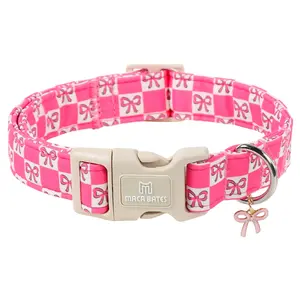 Maca Bates Pink Basic Dog Collar for Extra Small Girl Dogs – Girly Cute Checkered Bowtie Pattern, Feminine Style with Sailor Bow Charm, Adjustable Durable Soft Collar, Birthday Gift for Female Puppy