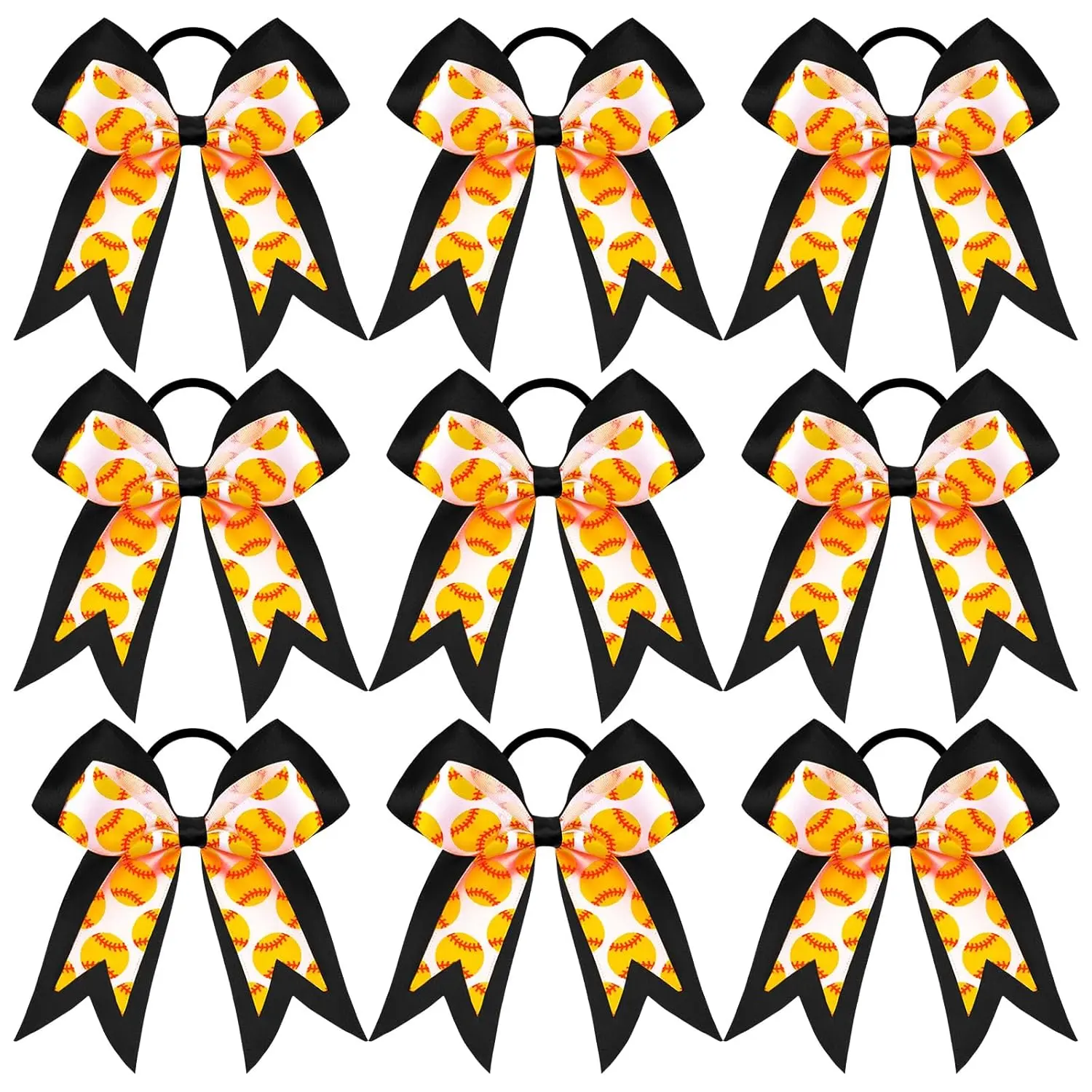9 count 5.1 Inch Black Softball Ribbon Hair Bows Elastic Cheer Scrunchies Cheerleader Bows Volleyball  Ponytail Holder  Hair Accessories for Girl Player