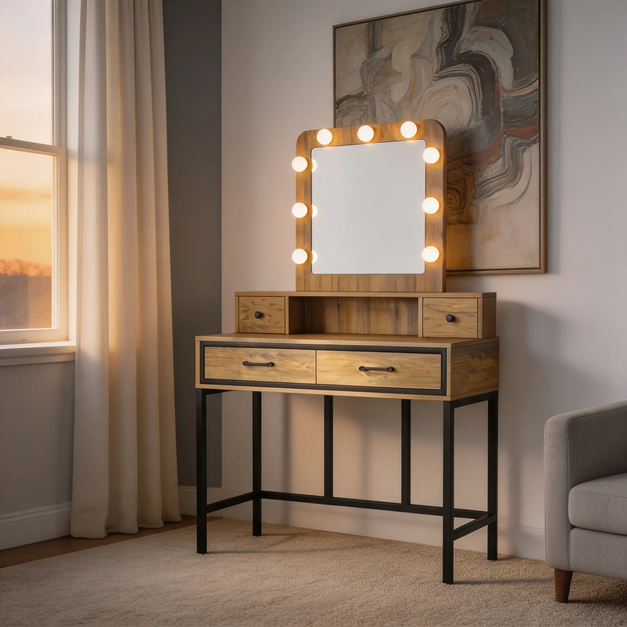 SAYGOGO L-Shaped Vanity Desk with Flip-Top Mirror, 3-Color Lights, 7+9 Comp., Easy Setup, Particle MDF Walnut Makeup Table for Bedroom