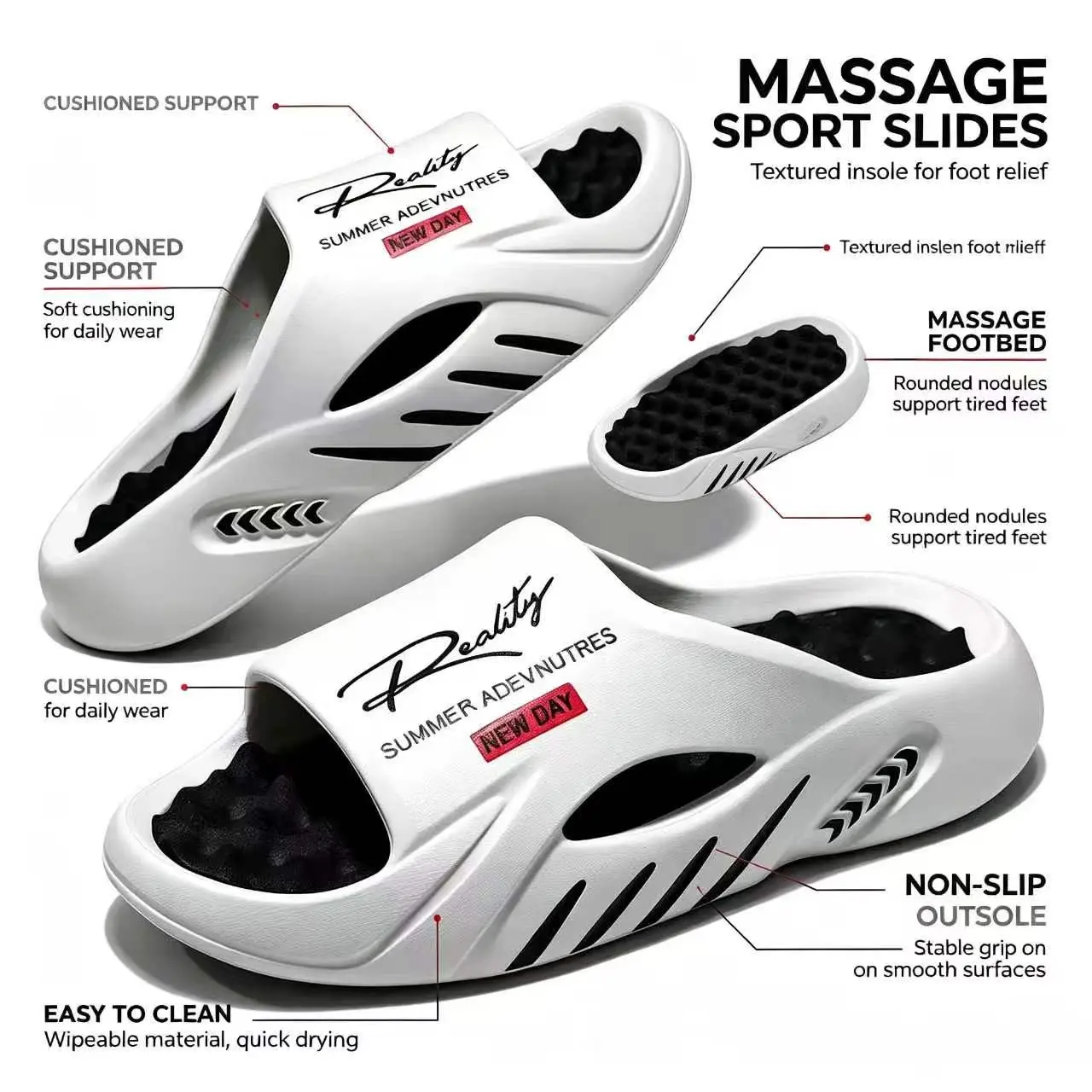 Men's Fashion Non-Slip EVA Cushioned Massage Cloud Slides - Sport Slippers with Massaging Sole, Casual Indoor-Outdoor Walking Shoes for Boys, Summer Beach Use