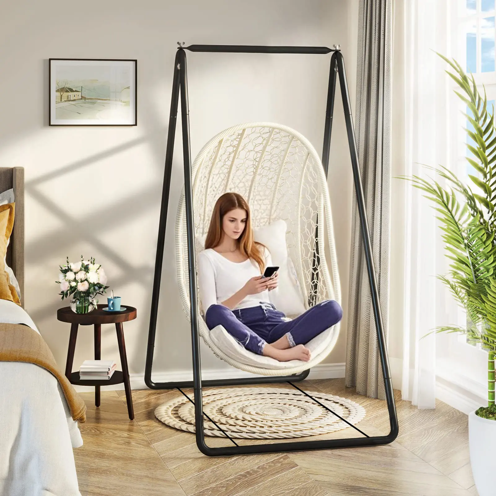 Hammock Chair Stand, Swing Stand with 3 Hooks Fit for Most Hanging Chairs, Ground Nails for Outdoor and Rubber Clamps for Indoor, Hanging Stand Only Max Load 500lbs, Swing Chair not Include