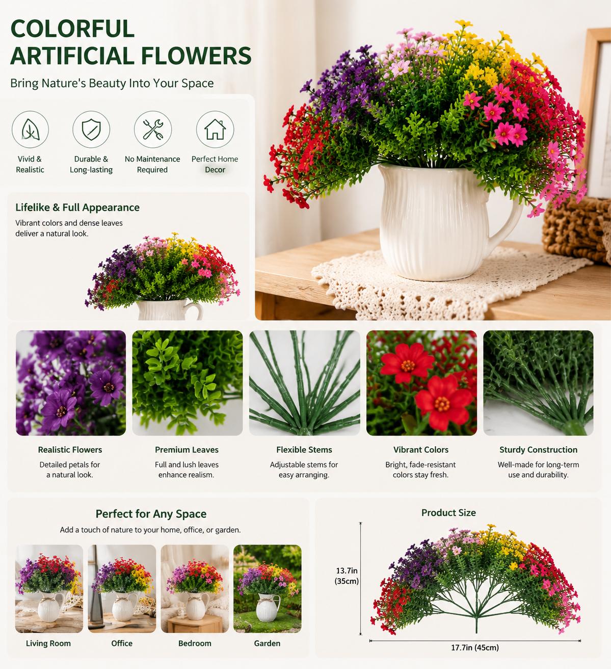 6/12/24 Pack UV-Resistant Outdoor Artificial Flower Bundles, Faux Flowers & Decorative Fruit for Planters, Porch, Home Decor Events