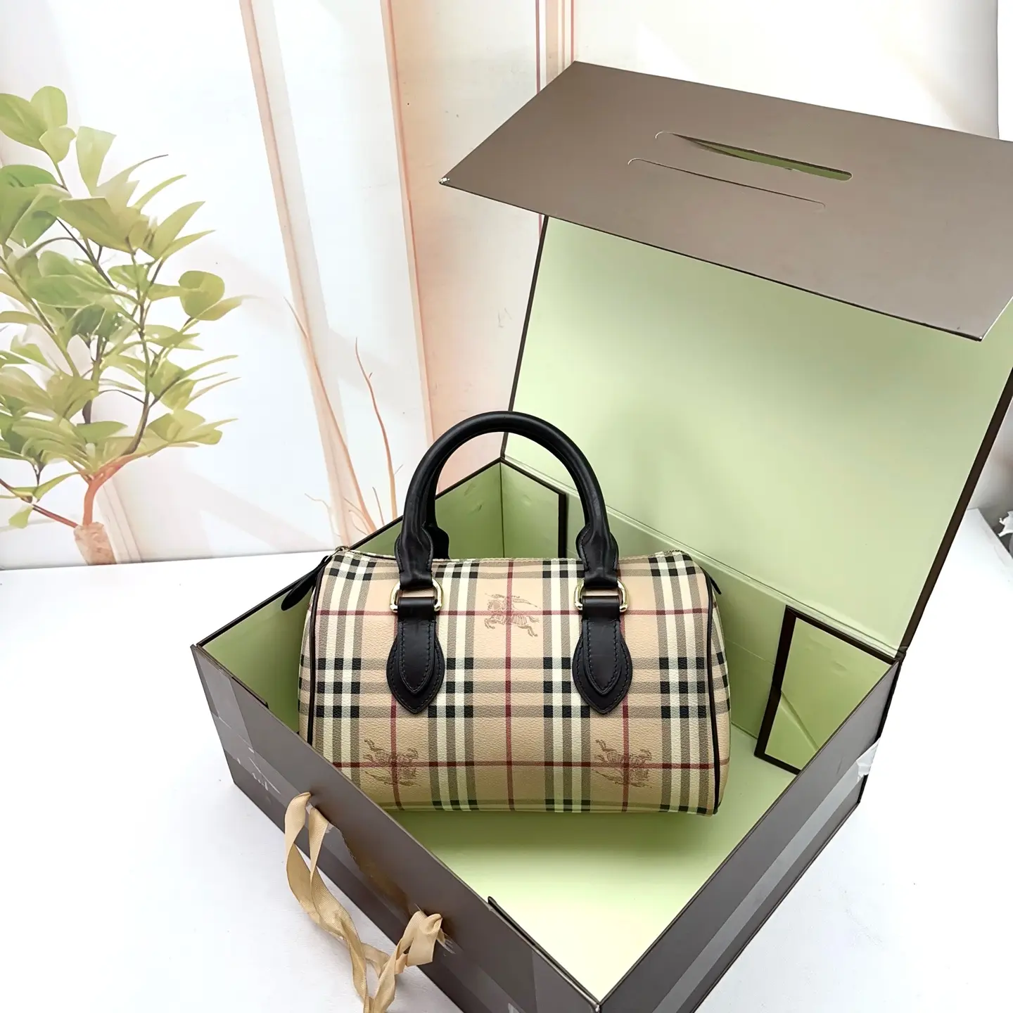 Pre-owned BURBERRY Beige Check Canvas Black Leather Mini Barrel Bag 0721qiqi22942409
