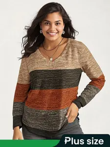 Women's Colorblock Patchwork V-Neck Long Sleeve Casual Top, Soft Breathable Loose Fit, Comfortable Plus Size Spring & Fall Clothing