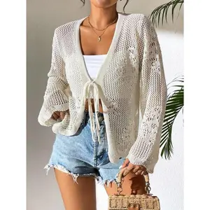 Women's Plain Sheer Tie Front Sweater Cardigan, Casual Long Sleeve Cardigan for Daily Wear, Ladies Knitwear for All Seasons