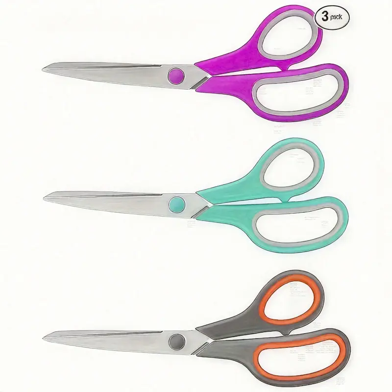 3-Pack Multi-purpose Scissors with 8 Inches (about 20.3 Centimeters), Featuring Ultra-sharp 2.5mm Thick Blades for Comfortable Grip. Suitable for Office, Sewing, Home Crafts, School Supplies