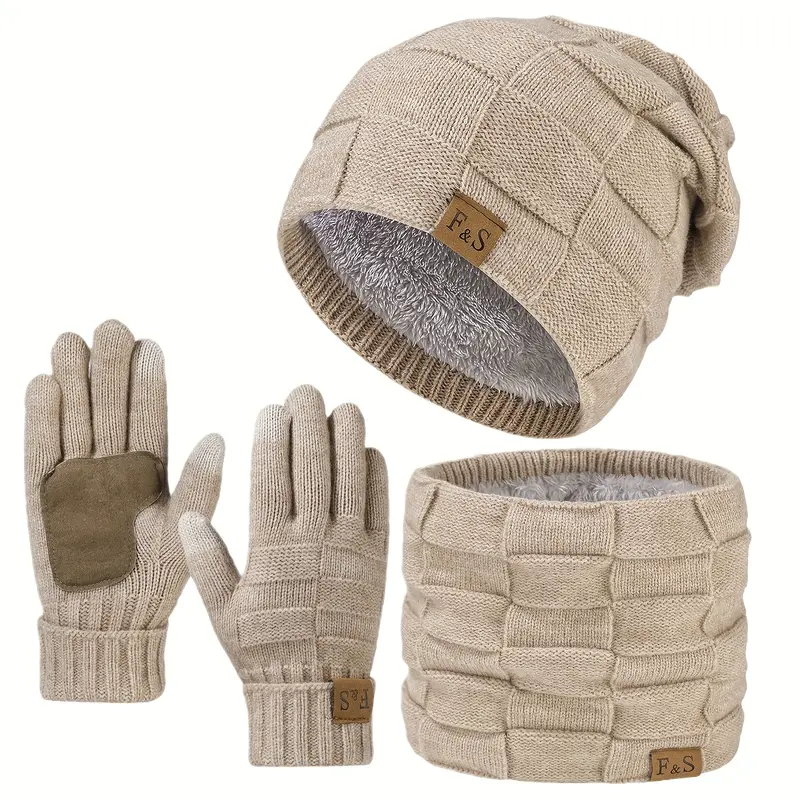 3pcs Winter Set - BrownRed/ - Thermal Insulated Hat, Scarf & Gloves - Cold Weather Skiing, Snowboarding, Everyday Commute - Unisex Adult Winter Outfit - Soft Fabric - Easy Care - Ideal Gift Set, Winter Accessories, Snowboarding Gear
