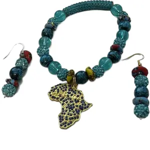 3 pcs set beaded African bracelet and earrings with African bling map