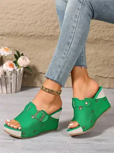 Women's Retro Rivet Wedge Heel Summer Fashionable Comfy Sandals Fish Mouth Toe-Exposed One-Line Slippers, Short Height Increase Slimming Casual Cool Slip-Ons Rubber